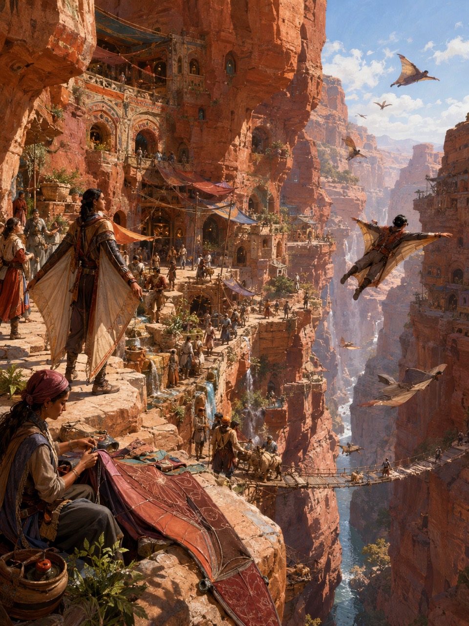 A crowded settlement built into the walls of a red-rock canyon