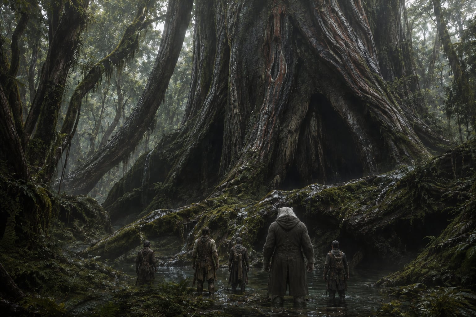 Five travelers standing in shallow water before an immense ancient tree