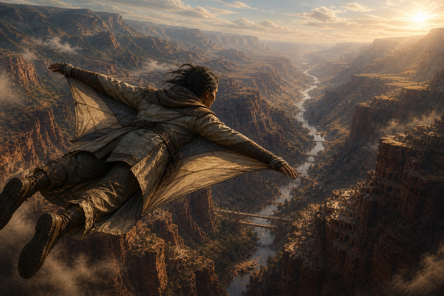 The Apprentice gliding above Mazakhal in a layered fabric flight garment
