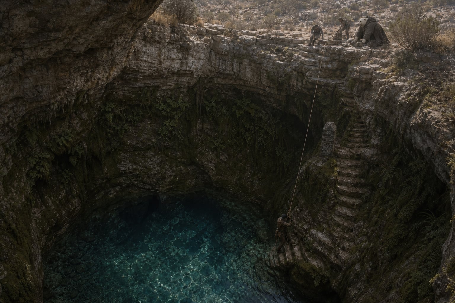 Travelers lowering a companion into a clear blue pool inside a deep stone hollow